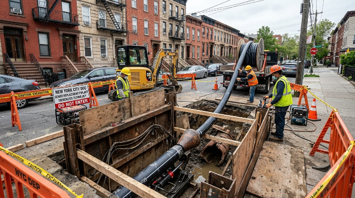 Trenchless pipe bursting access pit at a Brooklyn sewer line repair, NYC